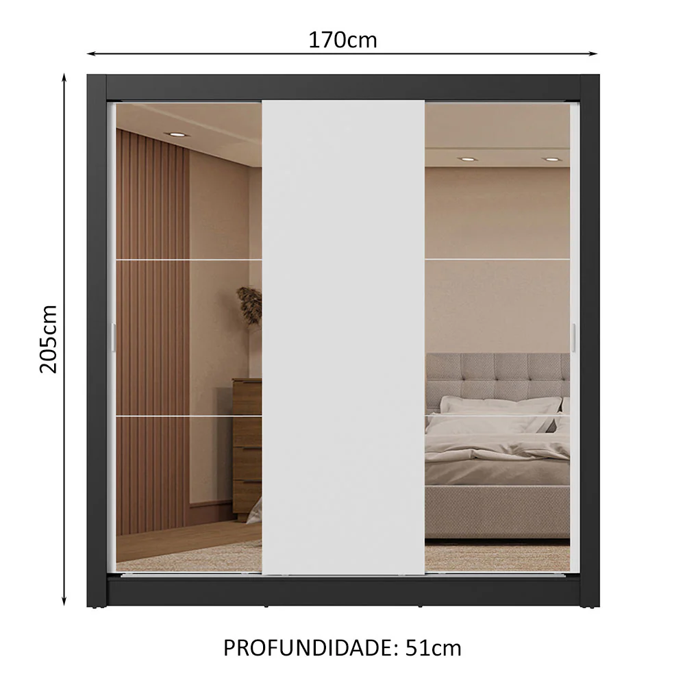 Guarda-Roupa Casal 3 Portas de Correr com Espelhos 2 Gavetas Preto/Branco Sublime Madesa - Image 3