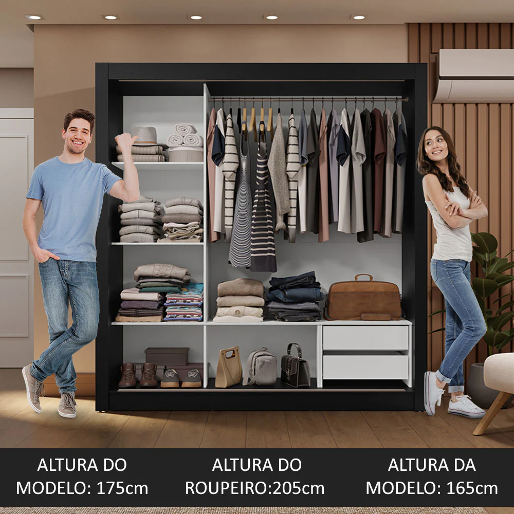 Guarda-Roupa Casal 3 Portas de Correr com Espelhos 2 Gavetas Preto/Branco Sublime Madesa - Image 5