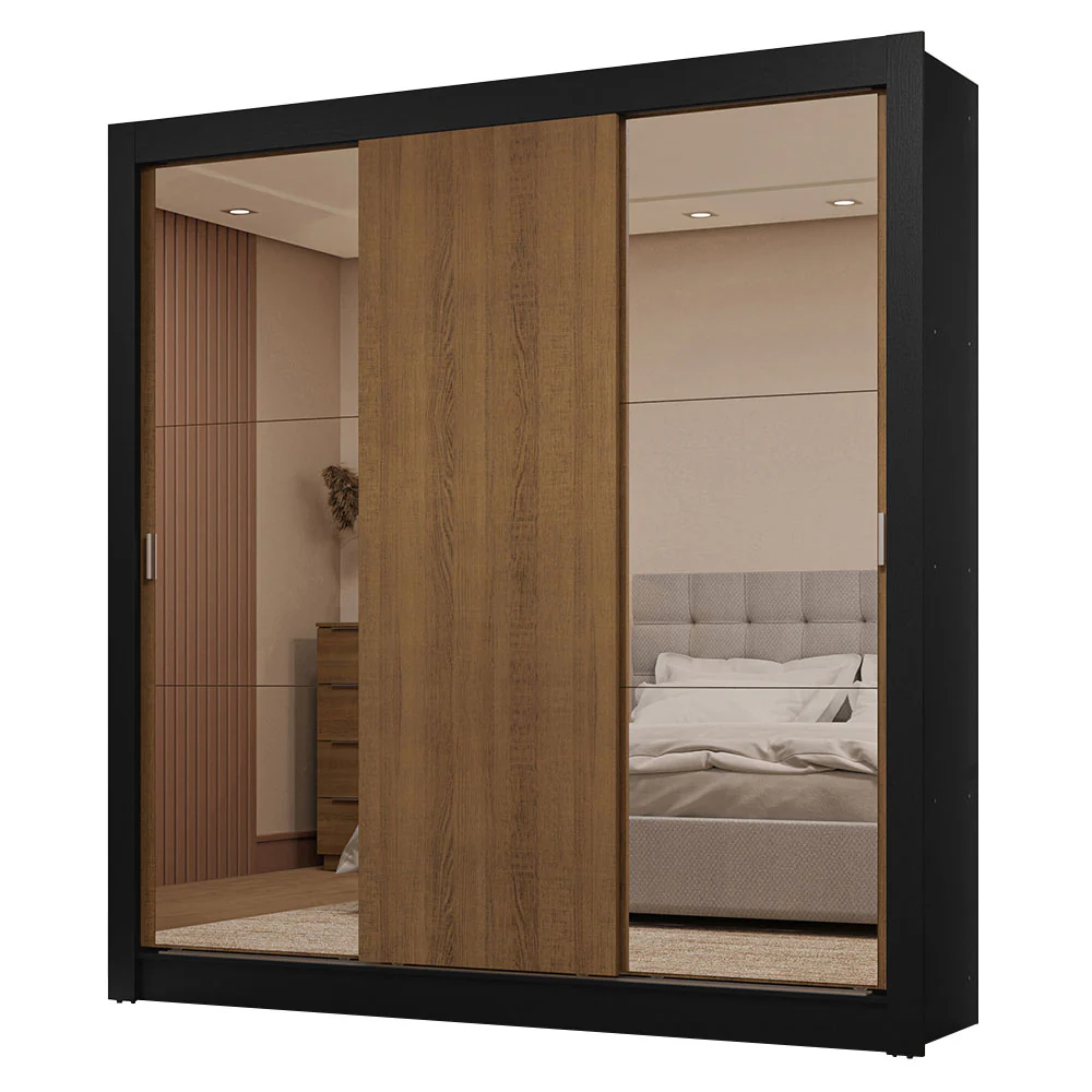 Guarda-Roupa Casal 3 Portas de Correr com Espelhos 2 Gavetas Preto/Rustic Sublime Madesa - Image 2