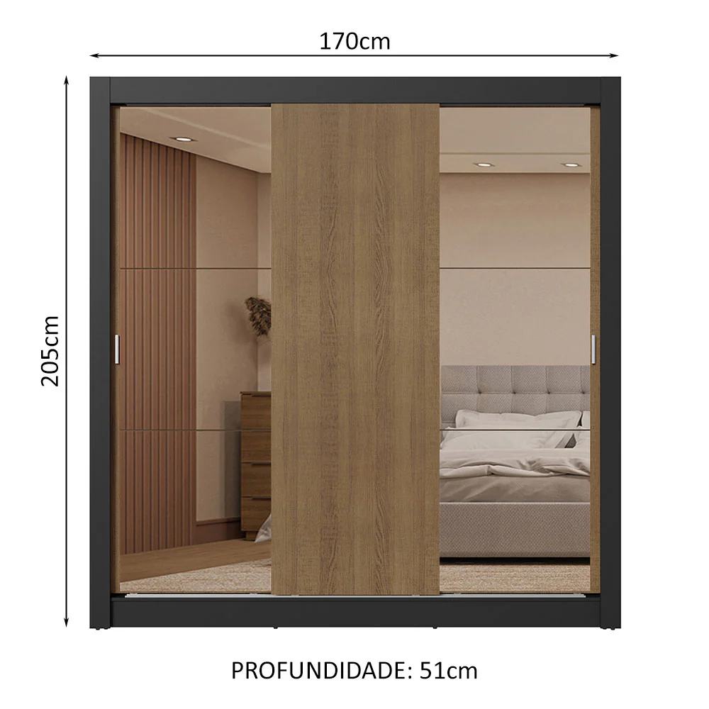Guarda-Roupa Casal 3 Portas de Correr com Espelhos 2 Gavetas Preto/Rustic Sublime Madesa - Image 3
