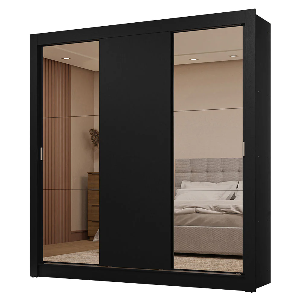 Guarda-Roupa Casal 3 Portas de Correr com Espelhos 2 Gavetas Preto Sublime Madesa - Image 2