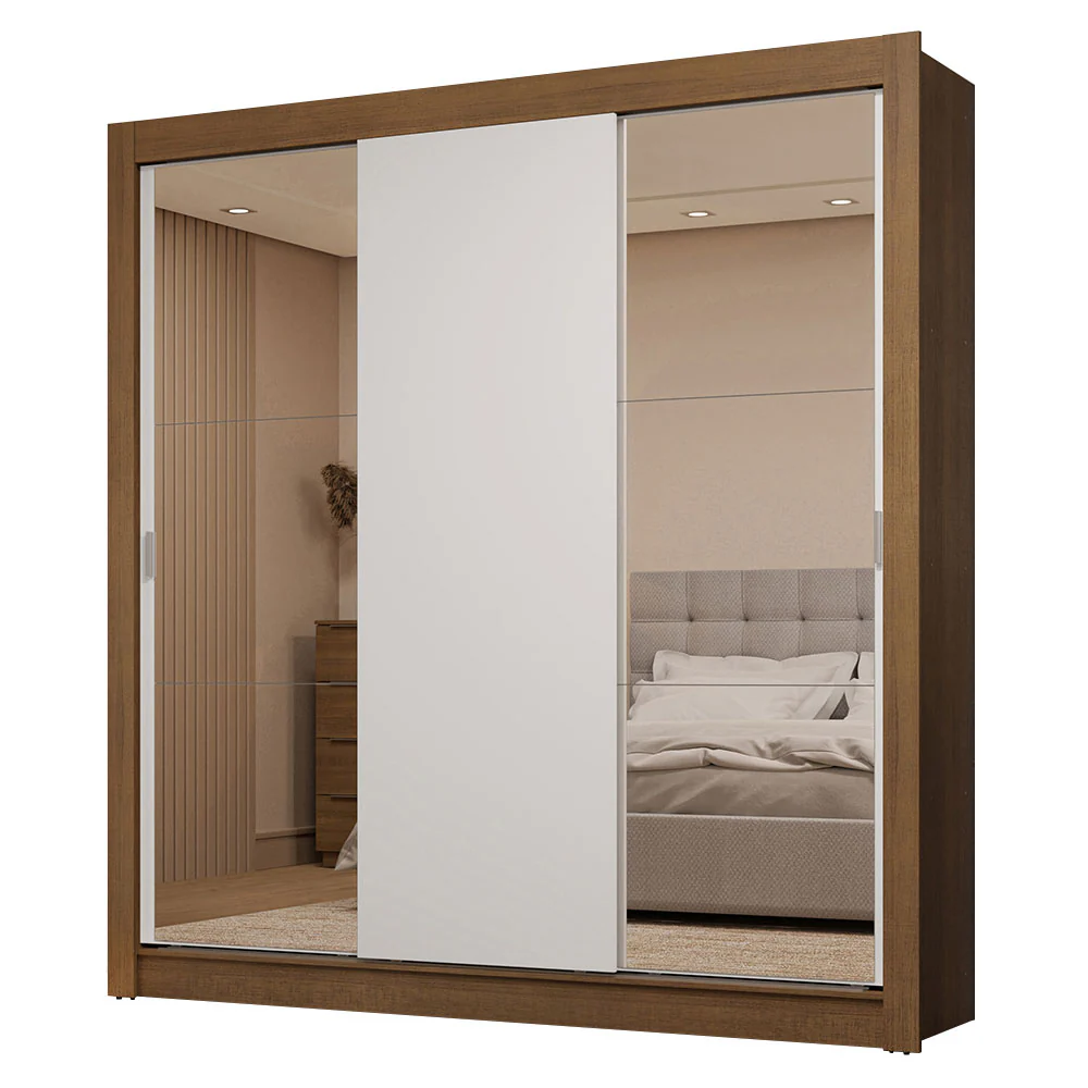 Guarda-Roupa Casal 3 Portas de Correr com Espelhos 2 Gavetas Rustic/Branco Sublime Madesa - Image 2