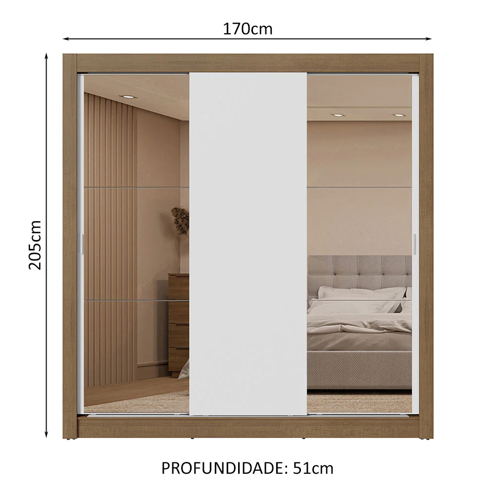 Guarda-Roupa Casal 3 Portas de Correr com Espelhos 2 Gavetas Rustic/Branco Sublime Madesa - Image 3
