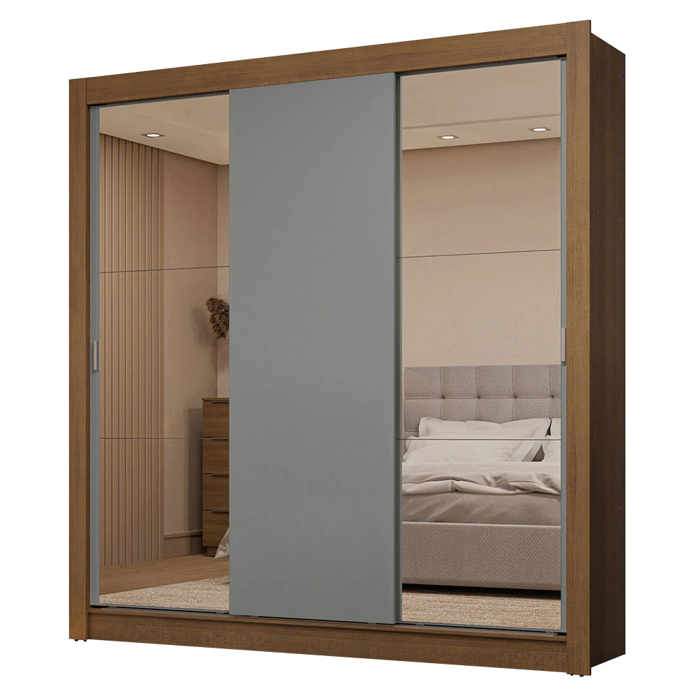 Guarda-Roupa Casal 3 Portas de Correr com Espelhos 2 Gavetas Rustic/Cinza Sublime Madesa - Image 2