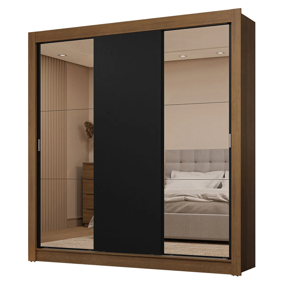 Guarda-Roupa Casal 3 Portas de Correr com Espelhos 2 Gavetas Rustic/Preto Sublime Madesa - Image 2