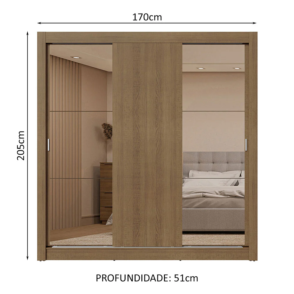 Guarda-Roupa Casal 3 Portas de Correr com Espelhos 2 Gavetas Rustic Sublime Madesa - Image 3