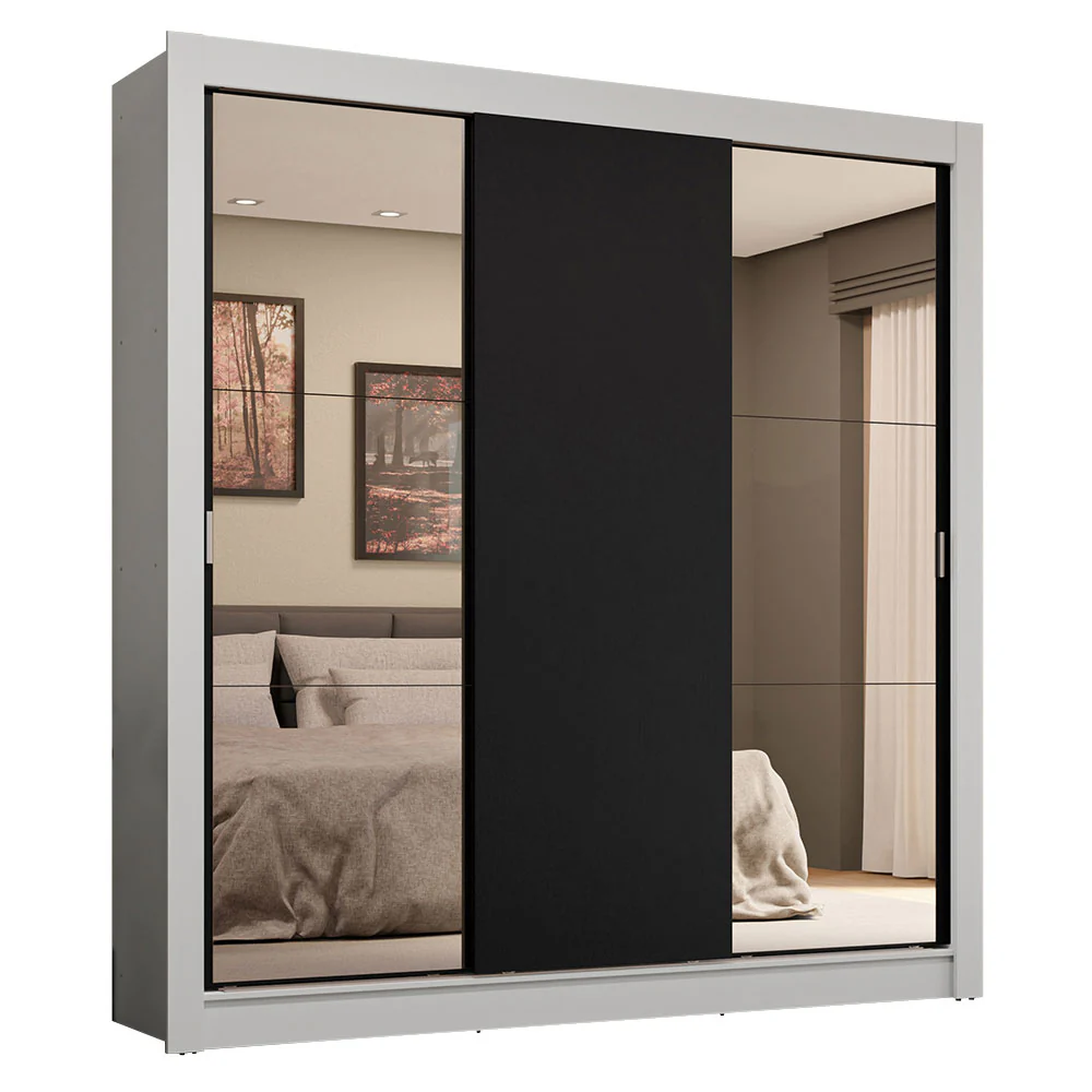 Guarda-Roupa Casal 3 Portas de Correr com Espelhos 4 Gavetas Branco/Preto Sublime Plus Madesa - Image 2