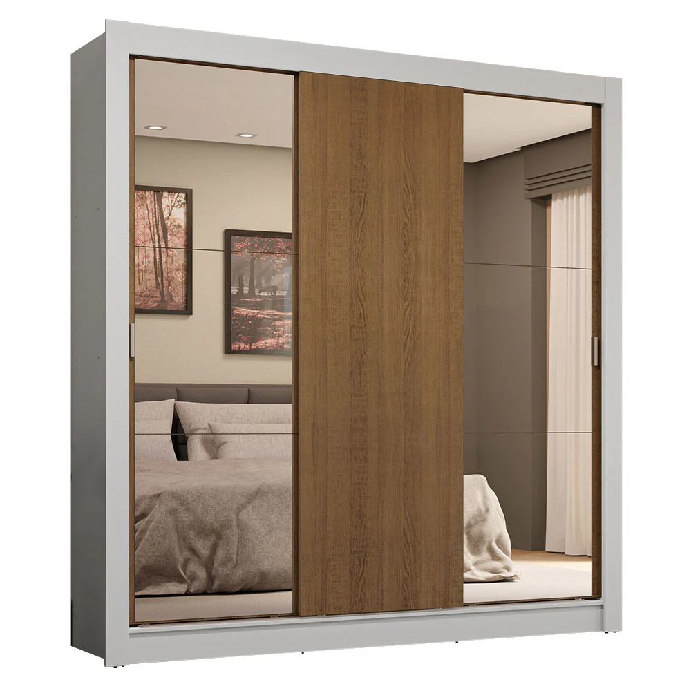 Guarda-Roupa Casal 3 Portas de Correr com Espelhos 4 Gavetas Branco/Rustic Sublime Plus Madesa - Image 2