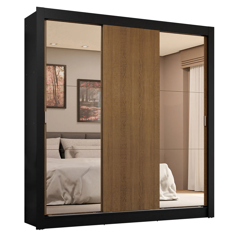 Guarda-Roupa Casal 3 Portas de Correr com Espelhos 4 Gavetas Preto/Rustic Sublime Plus Madesa - Image 2