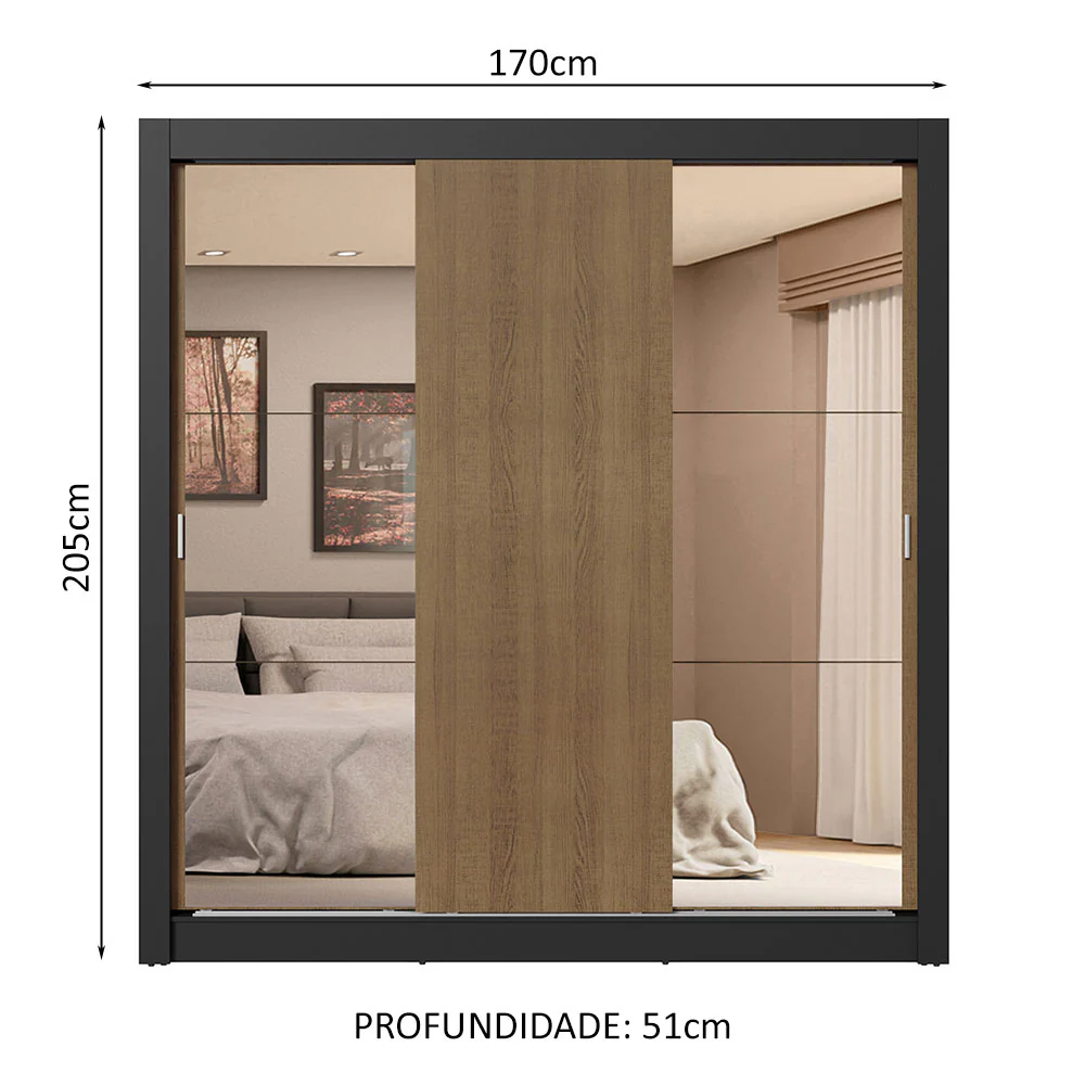 Guarda-Roupa Casal 3 Portas de Correr com Espelhos 4 Gavetas Preto/Rustic Sublime Plus Madesa - Image 3