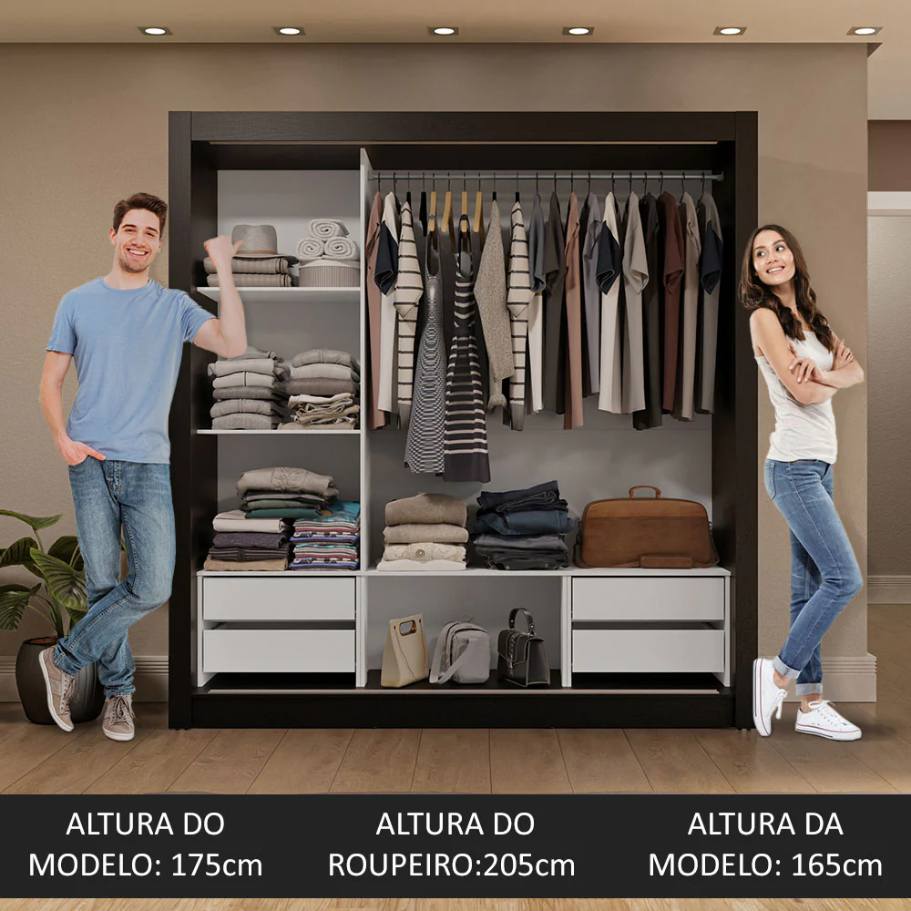 Guarda-Roupa Casal 3 Portas de Correr com Espelhos 4 Gavetas Preto/Rustic Sublime Plus Madesa - Image 5