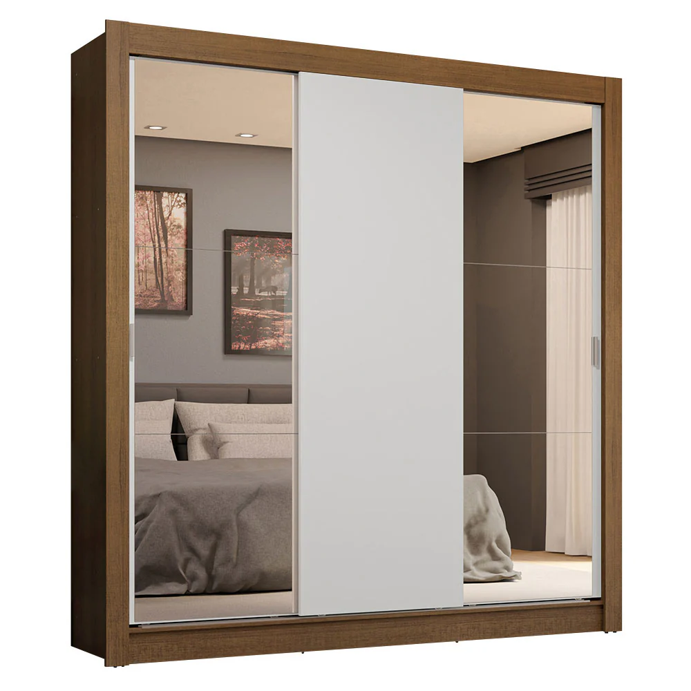 Guarda-Roupa Casal 3 Portas de Correr com Espelhos 4 Gavetas Rustic/Branco Sublime Plus Madesa - Image 2