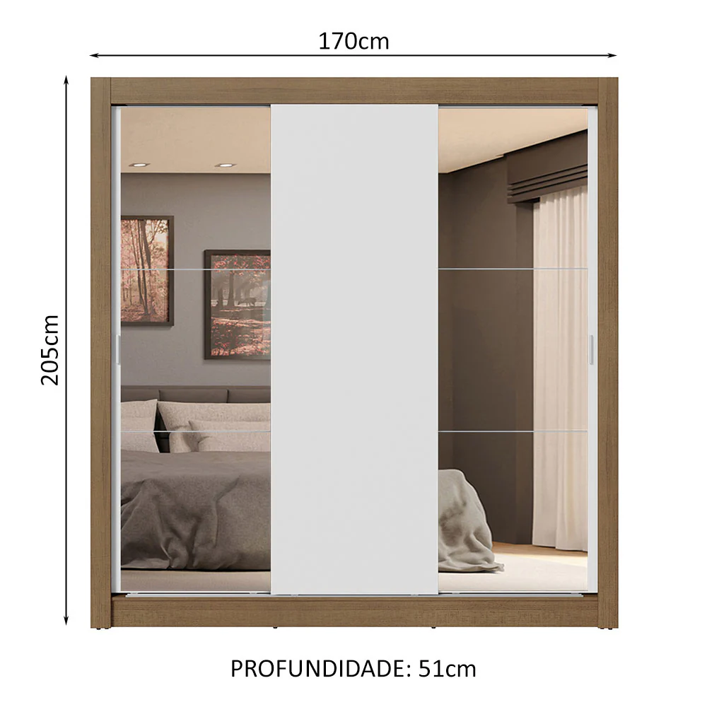 Guarda-Roupa Casal 3 Portas de Correr com Espelhos 4 Gavetas Rustic/Branco Sublime Plus Madesa - Image 3