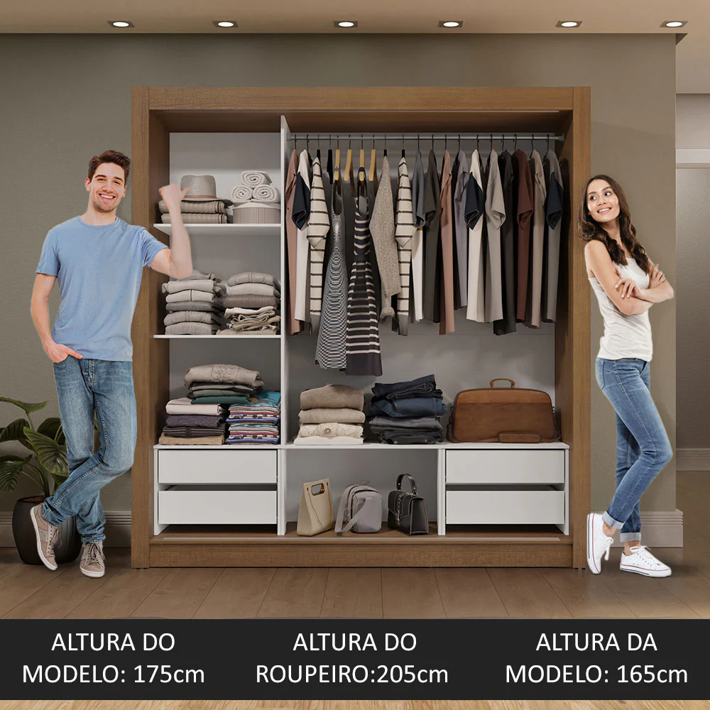 Guarda-Roupa Casal 3 Portas de Correr com Espelhos 4 Gavetas Rustic/Branco Sublime Plus Madesa - Image 5