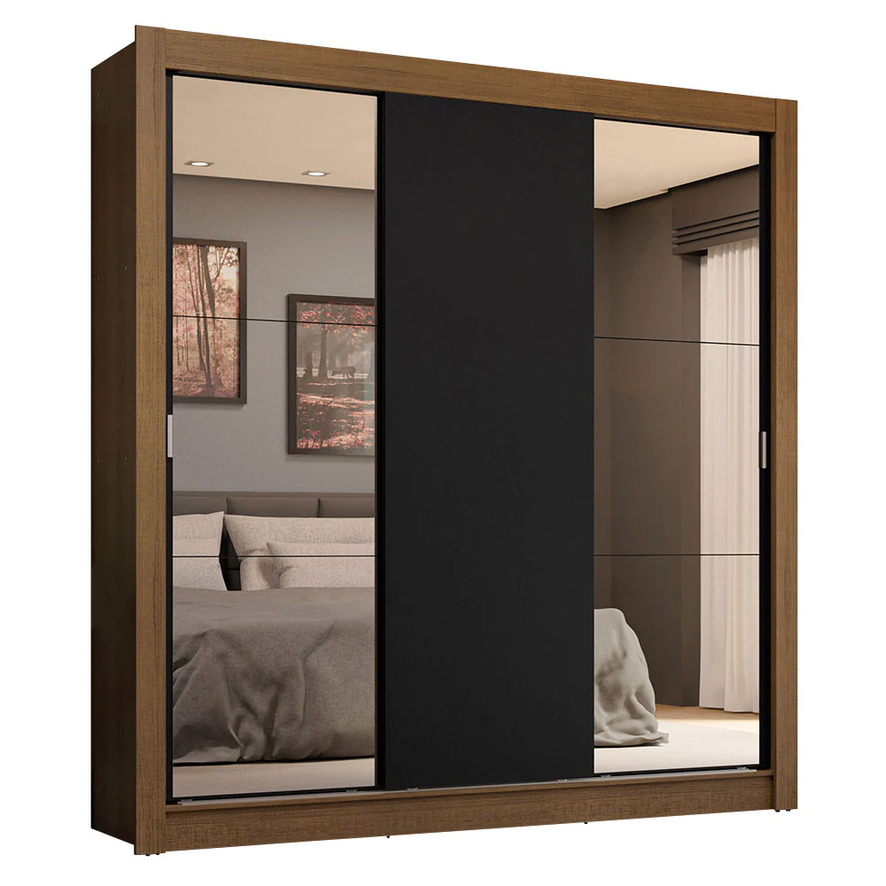 Guarda-Roupa Casal 3 Portas de Correr com Espelhos 4 Gavetas Rustic/Preto Sublime Plus Madesa - Image 2