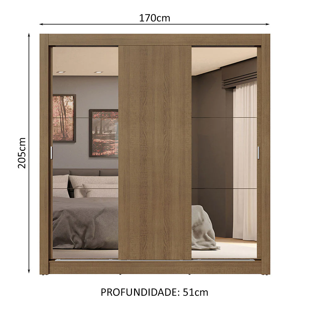 Guarda-Roupa Casal 3 Portas de Correr com Espelhos 4 Gavetas Rustic Sublime Plus Madesa - Image 3