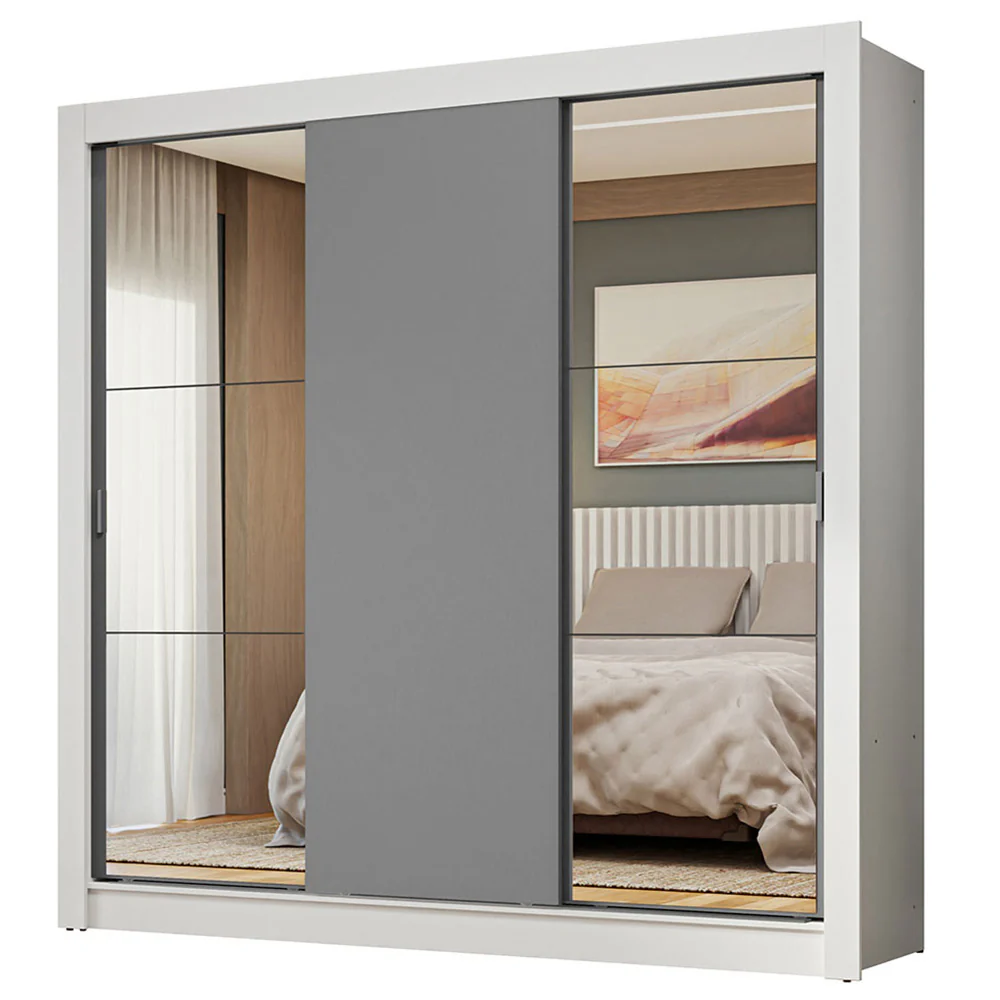 Guarda-Roupa Casal 3 Portas de Correr com Espelhos Branco/Cinza Nobre Madesa - Image 2