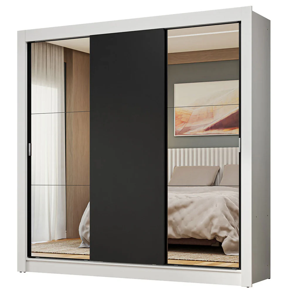 Guarda-Roupa Casal 3 Portas de Correr com Espelhos Branco/Preto Nobre Madesa - Image 2