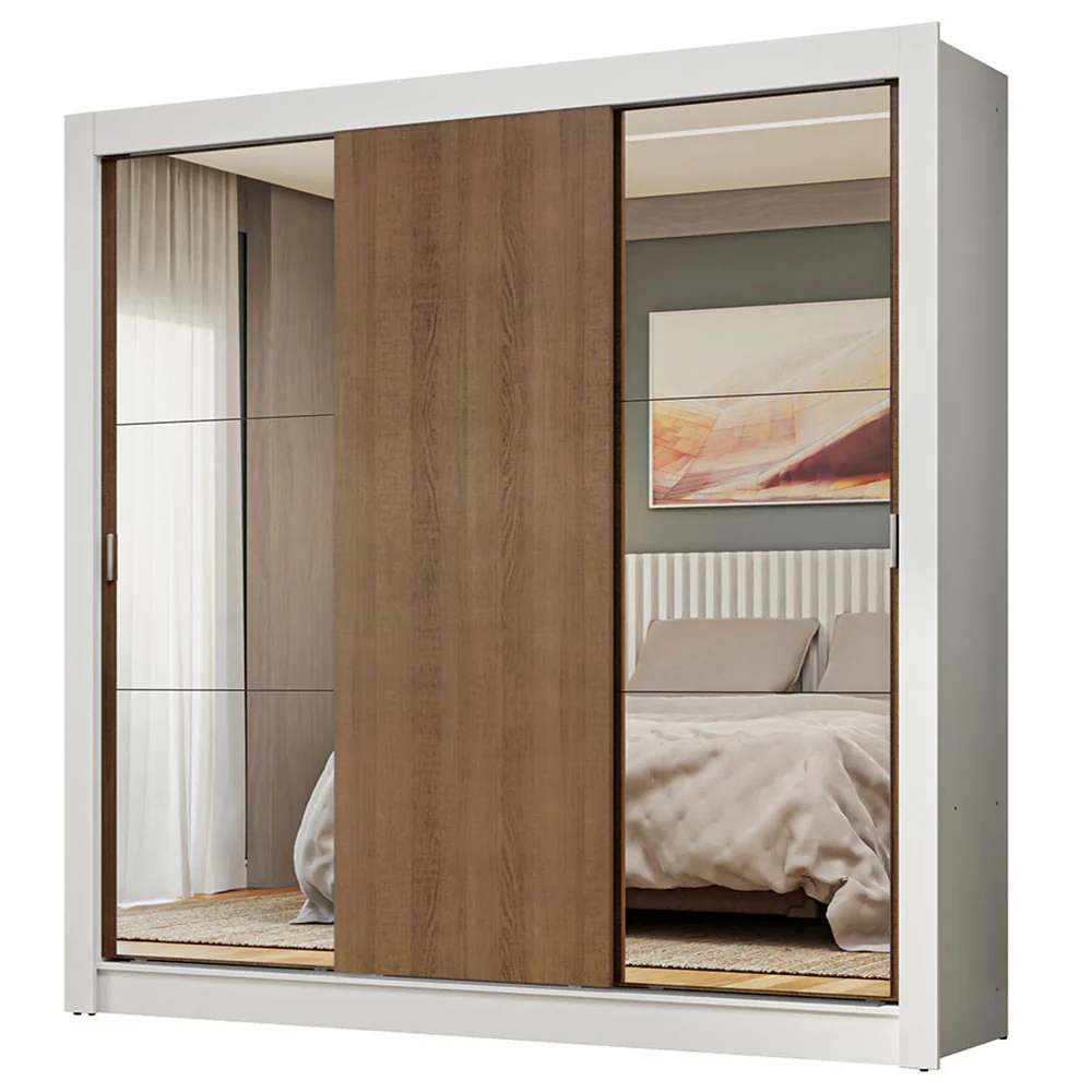Guarda-Roupa Casal 3 Portas de Correr com Espelhos Branco/Rustic Nobre Madesa - Image 2