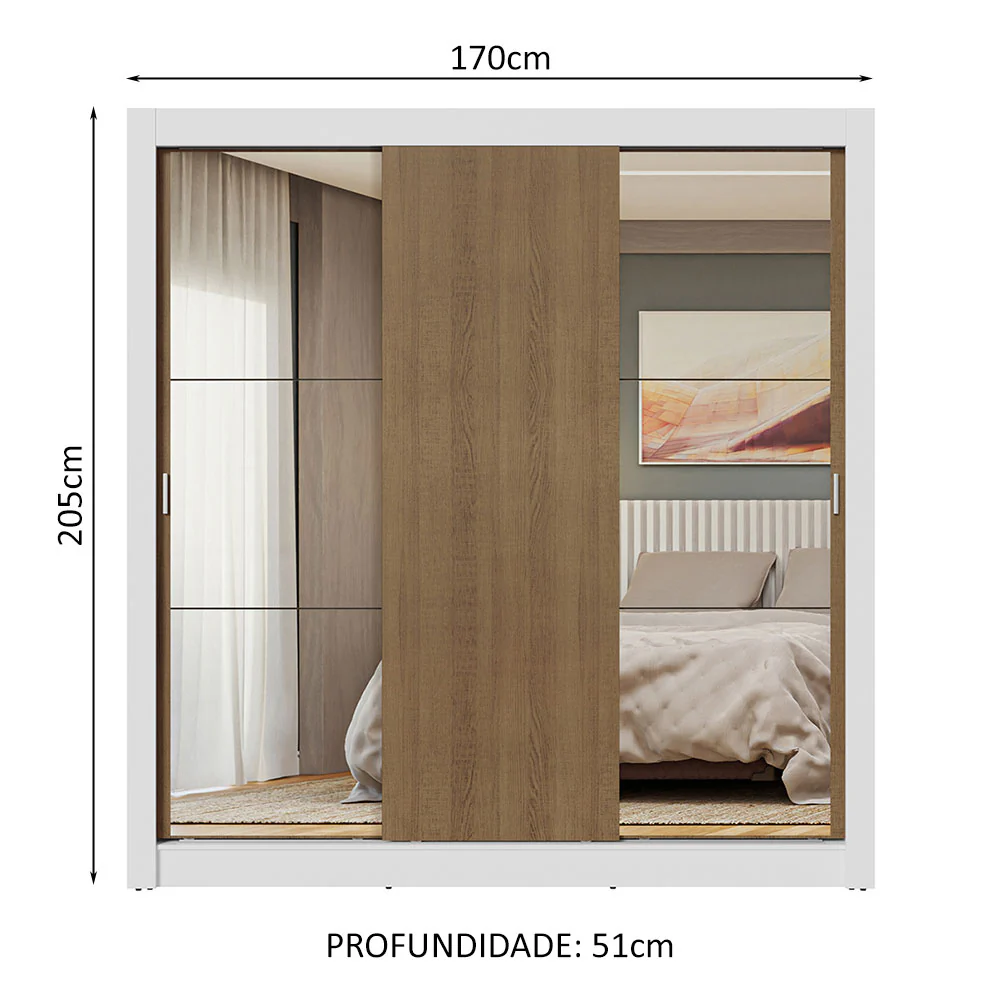 Guarda-Roupa Casal 3 Portas de Correr com Espelhos Branco/Rustic Nobre Madesa - Image 3