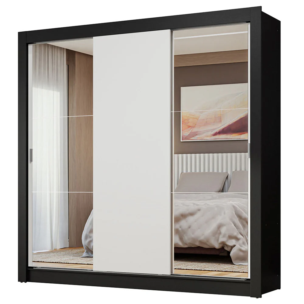 Guarda-Roupa Casal 3 Portas de Correr com Espelhos Preto/Branco Nobre Madesa - Image 2