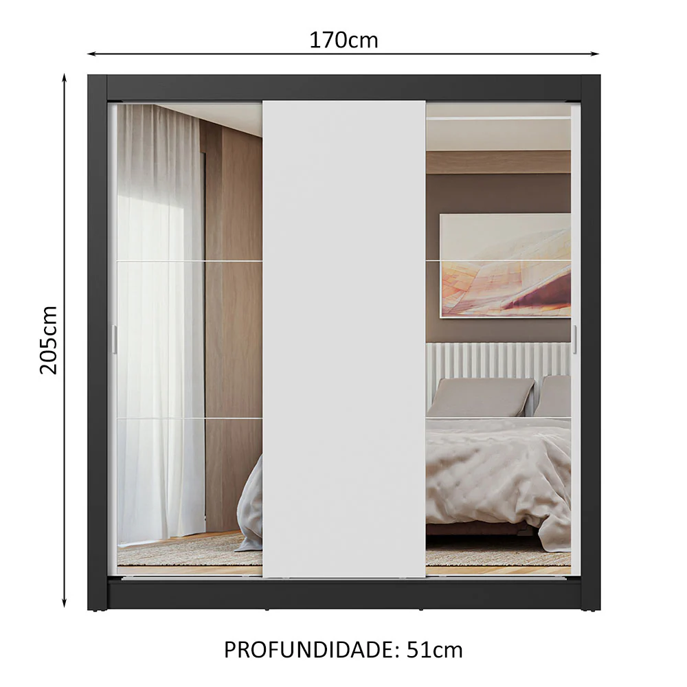 Guarda-Roupa Casal 3 Portas de Correr com Espelhos Preto/Branco Nobre Madesa - Image 3