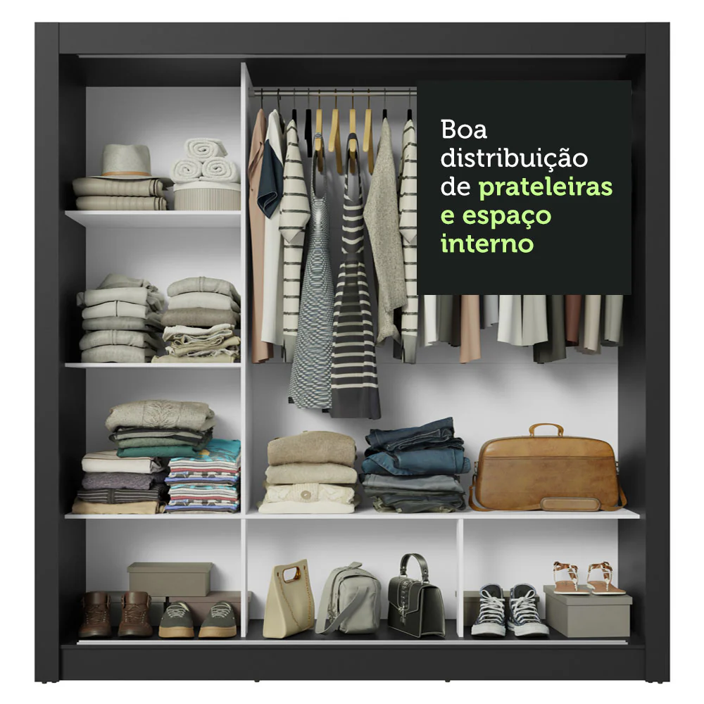 Guarda-Roupa Casal 3 Portas de Correr com Espelhos Preto/Branco Nobre Madesa - Image 7