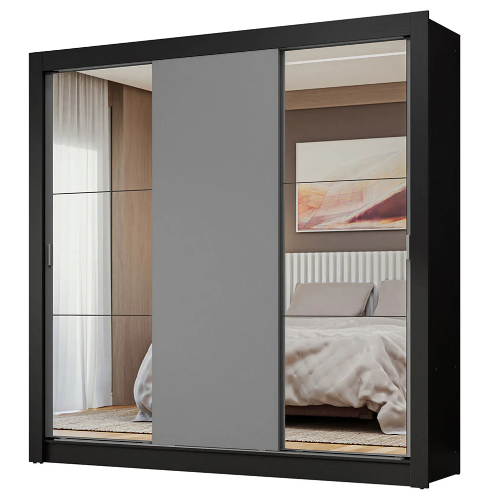 Guarda-Roupa Casal 3 Portas de Correr com Espelhos Preto/Cinza Nobre Madesa - Image 2
