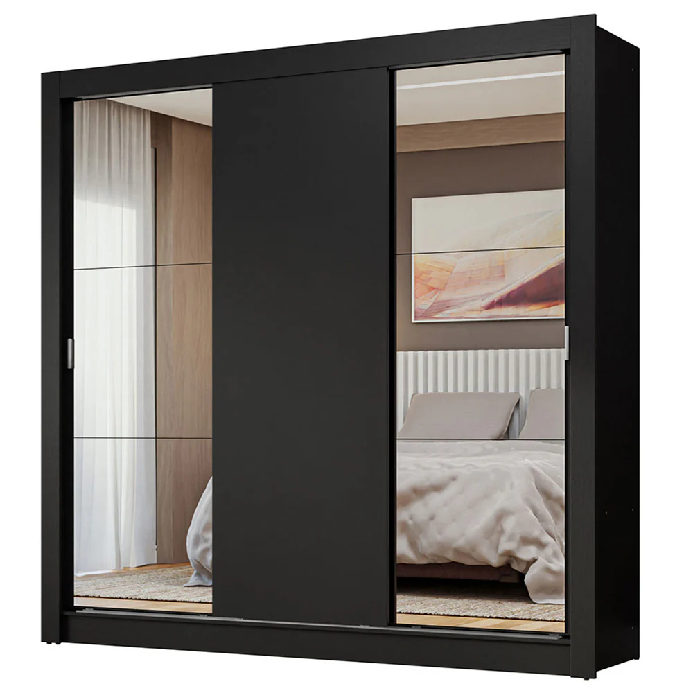 Guarda-Roupa Casal 3 Portas de Correr com Espelhos Preto Nobre Madesa - Image 2