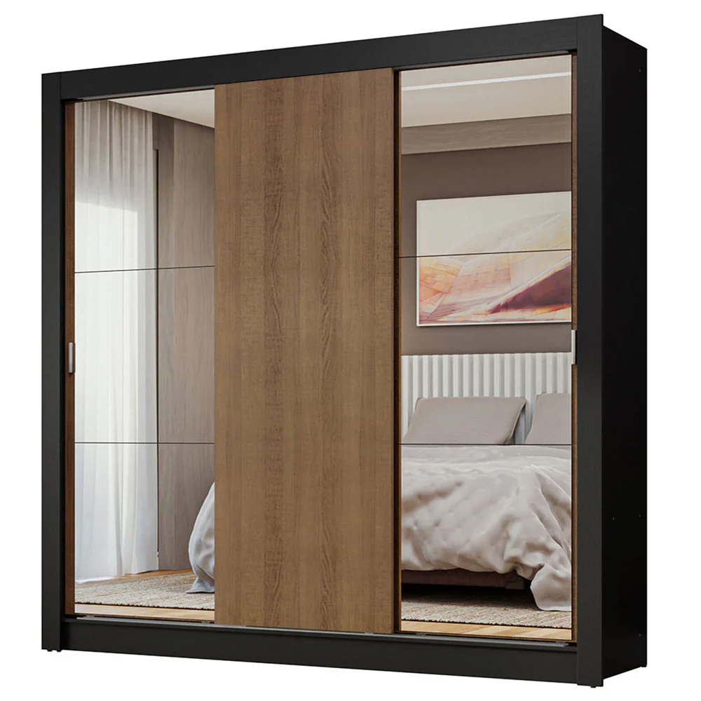 Guarda-Roupa Casal 3 Portas de Correr com Espelhos Preto/Rustic Nobre Madesa - Image 2