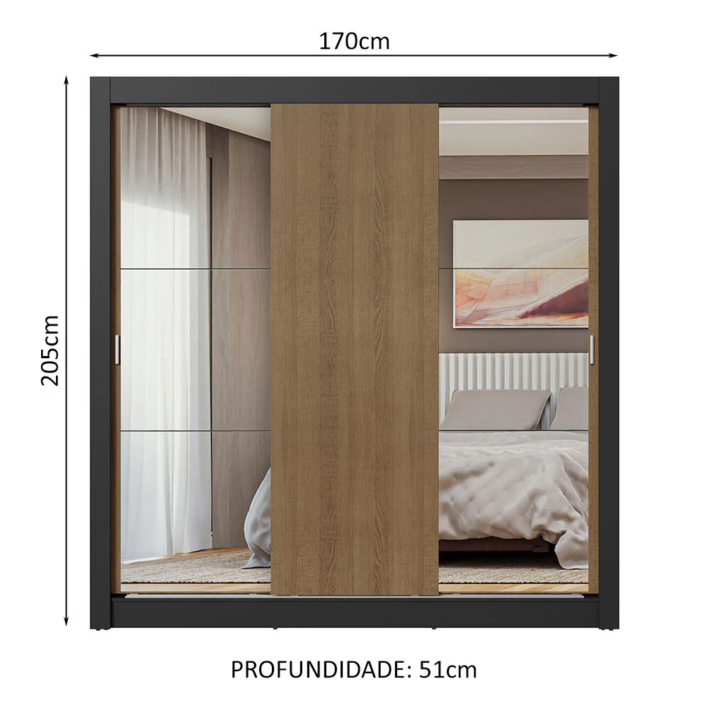 Guarda-Roupa Casal 3 Portas de Correr com Espelhos Preto/Rustic Nobre Madesa - Image 3