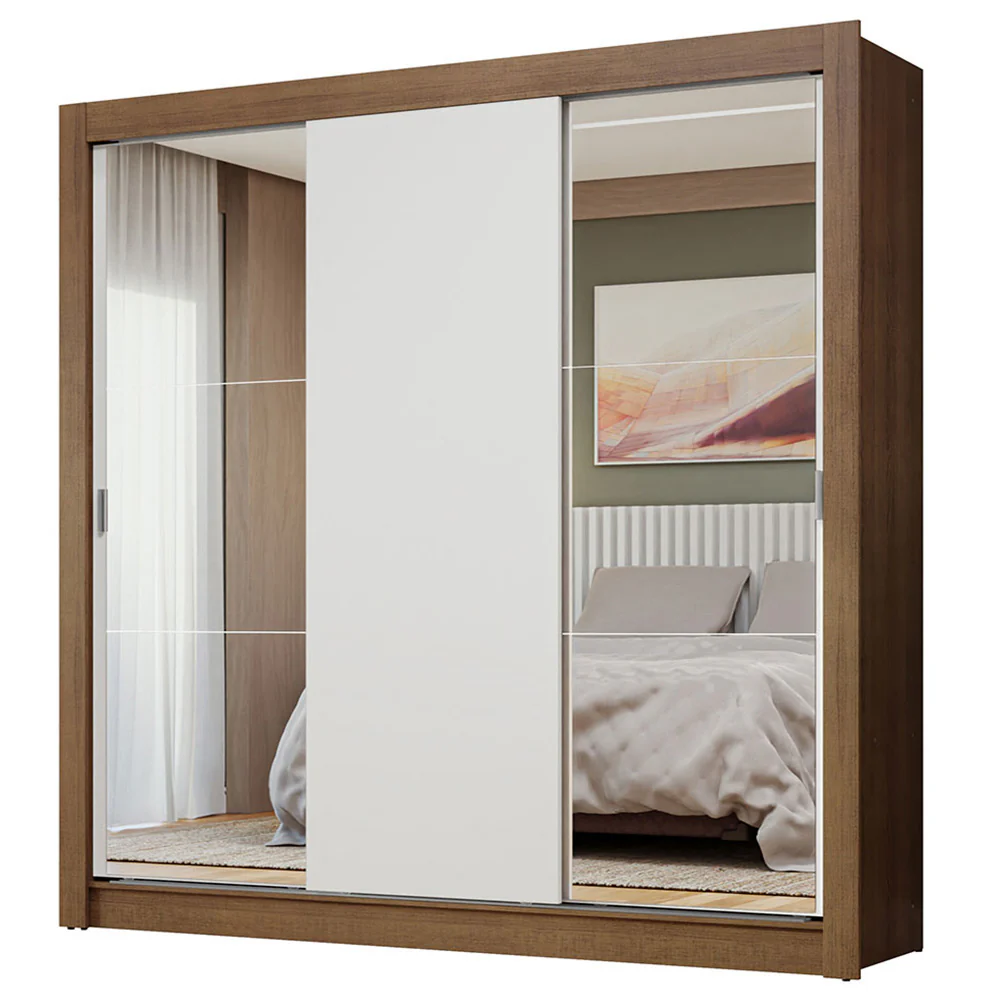 Guarda-Roupa Casal 3 Portas de Correr com Espelhos Rustic/Branco Nobre Madesa - Image 2