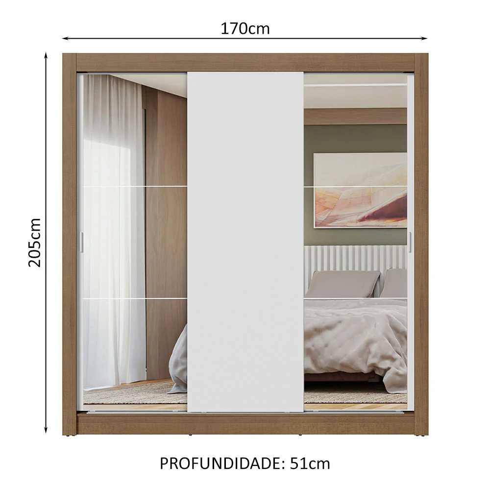 Guarda-Roupa Casal 3 Portas de Correr com Espelhos Rustic/Branco Nobre Madesa - Image 3