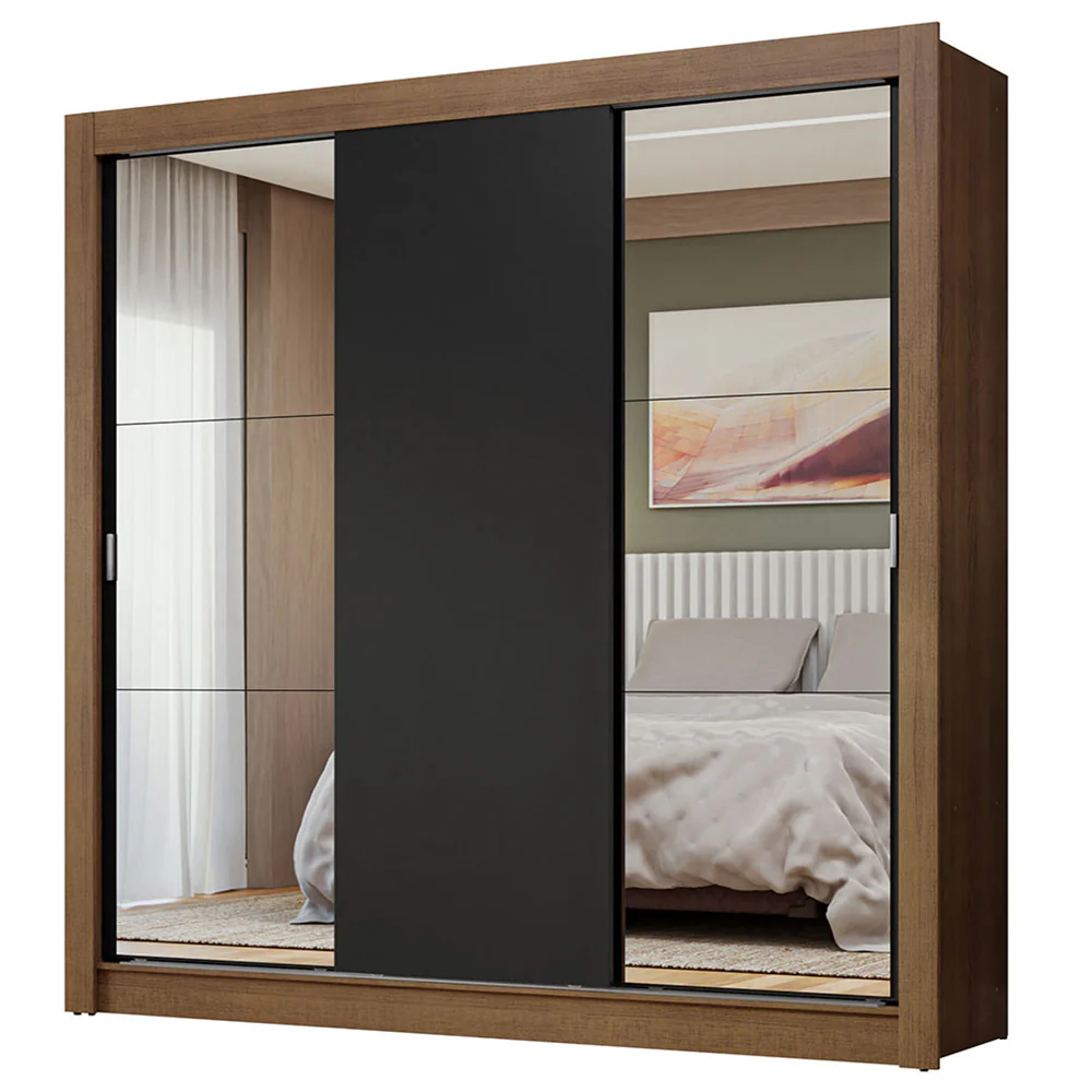 Guarda-Roupa Casal 3 Portas de Correr com Espelhos Rustic/Preto Nobre Madesa - Image 2