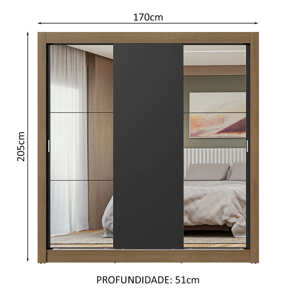 Guarda-Roupa Casal 3 Portas de Correr com Espelhos Rustic/Preto Nobre Madesa - Image 3