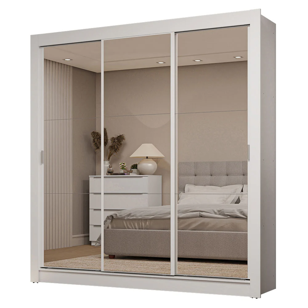 Guarda-Roupa Casal 3 Portas de Correr de Espelho 2 Gavetas Branco Sublime Madesa - Image 2