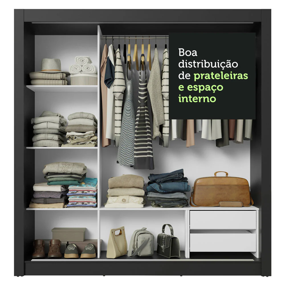 Guarda-Roupa Casal 3 Portas de Correr de Espelho 2 Gavetas Preto Sublime Madesa - Image 8