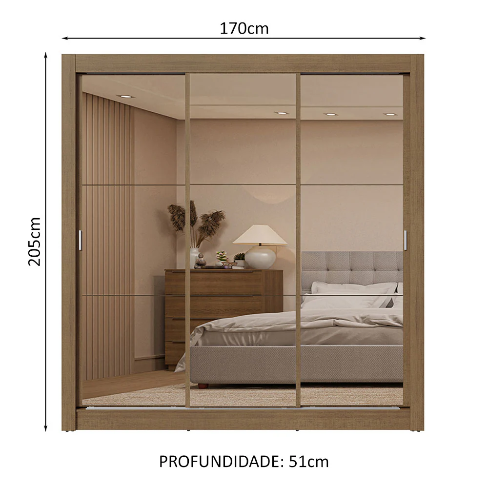 Guarda-Roupa Casal 3 Portas de Correr de Espelho 2 Gavetas Rustic Sublime Madesa - Image 3