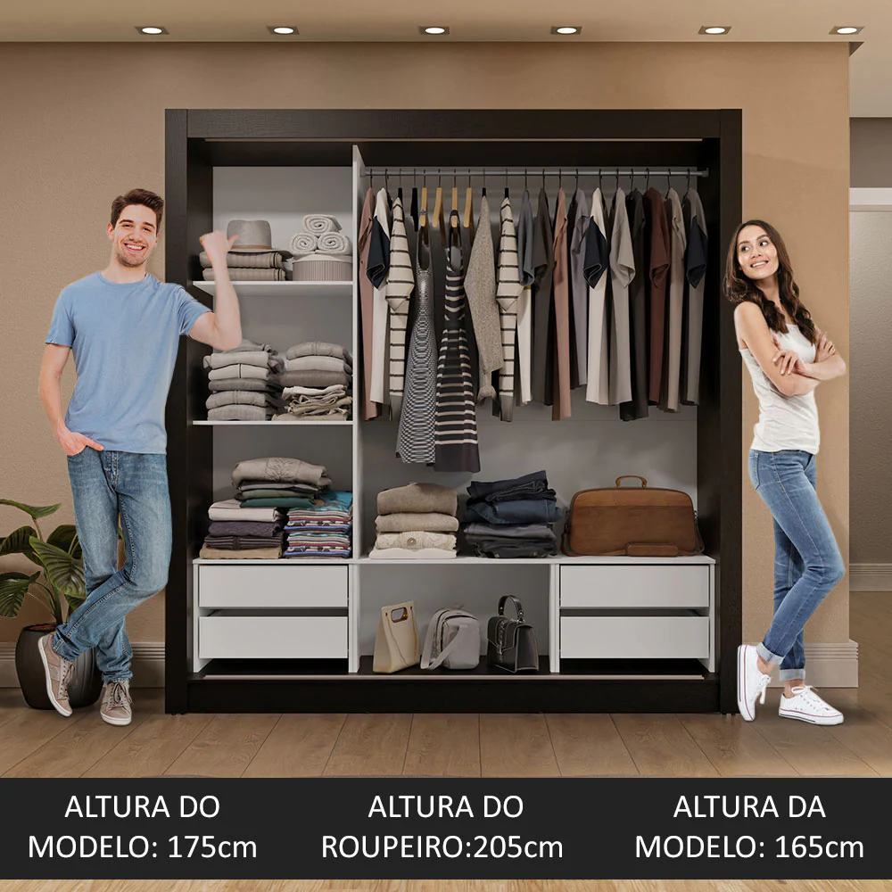 Guarda-Roupa Casal 3 Portas de Correr de Espelho 4 Gavetas Preto Sublime Plus Madesa - Image 5