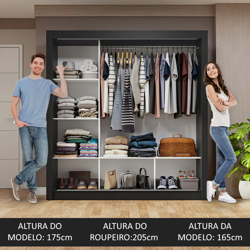 Guarda-Roupa Casal 3 Portas de Correr Preto/Rustic Nobre Madesa - Image 5