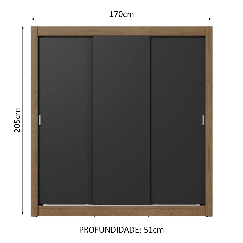 Guarda-Roupa Casal 3 Portas de Correr Rustic/Preto Sublime Plus Madesa - Image 3