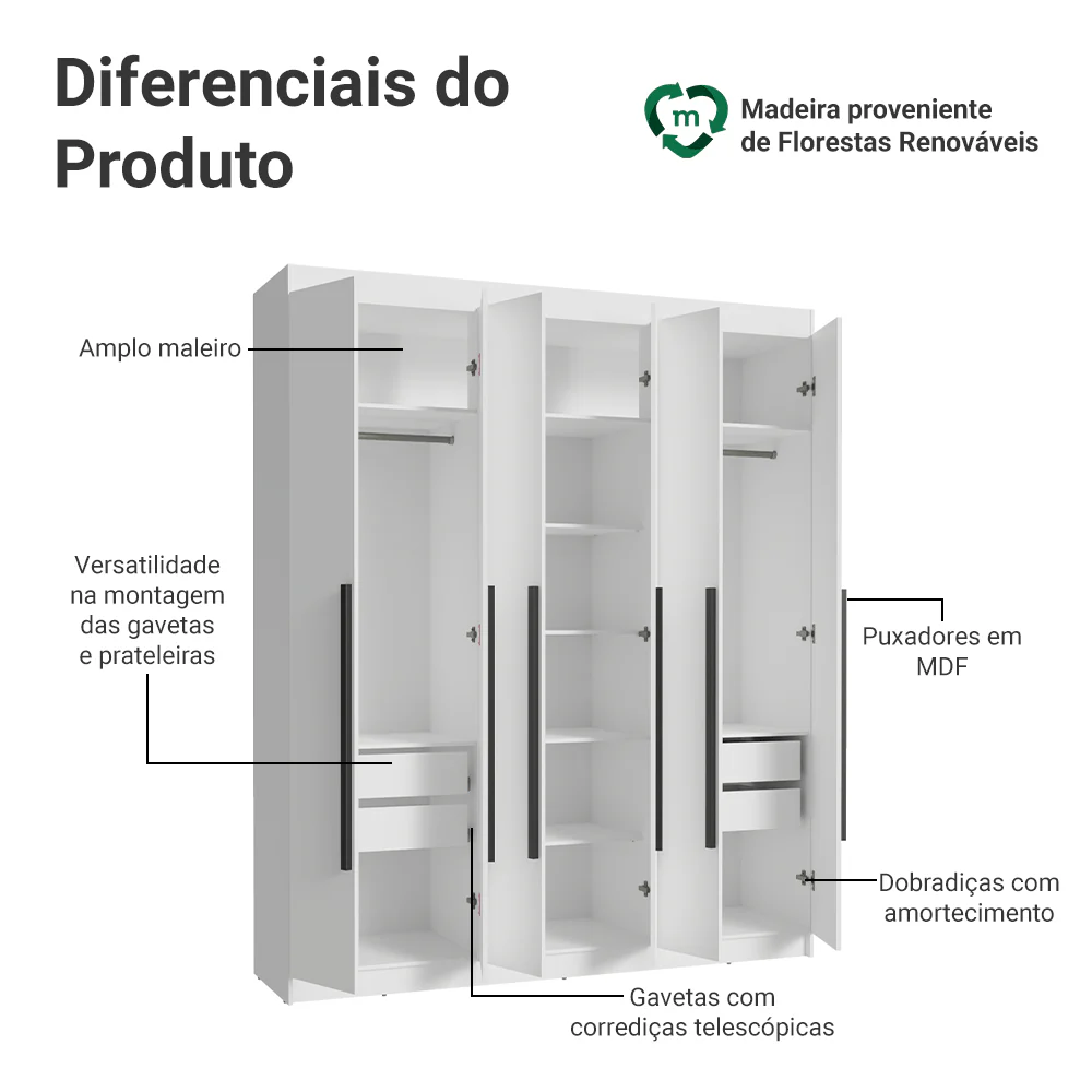 Guarda-Roupa Casal 6 Portas Batentes Branco/Branco/Preto Venus Madesa - Image 4