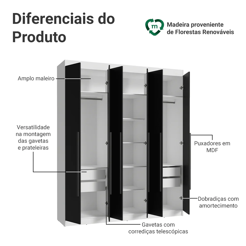 Guarda-Roupa Casal 6 Portas Batentes Branco/Preto/Preto Venus Madesa - Image 4