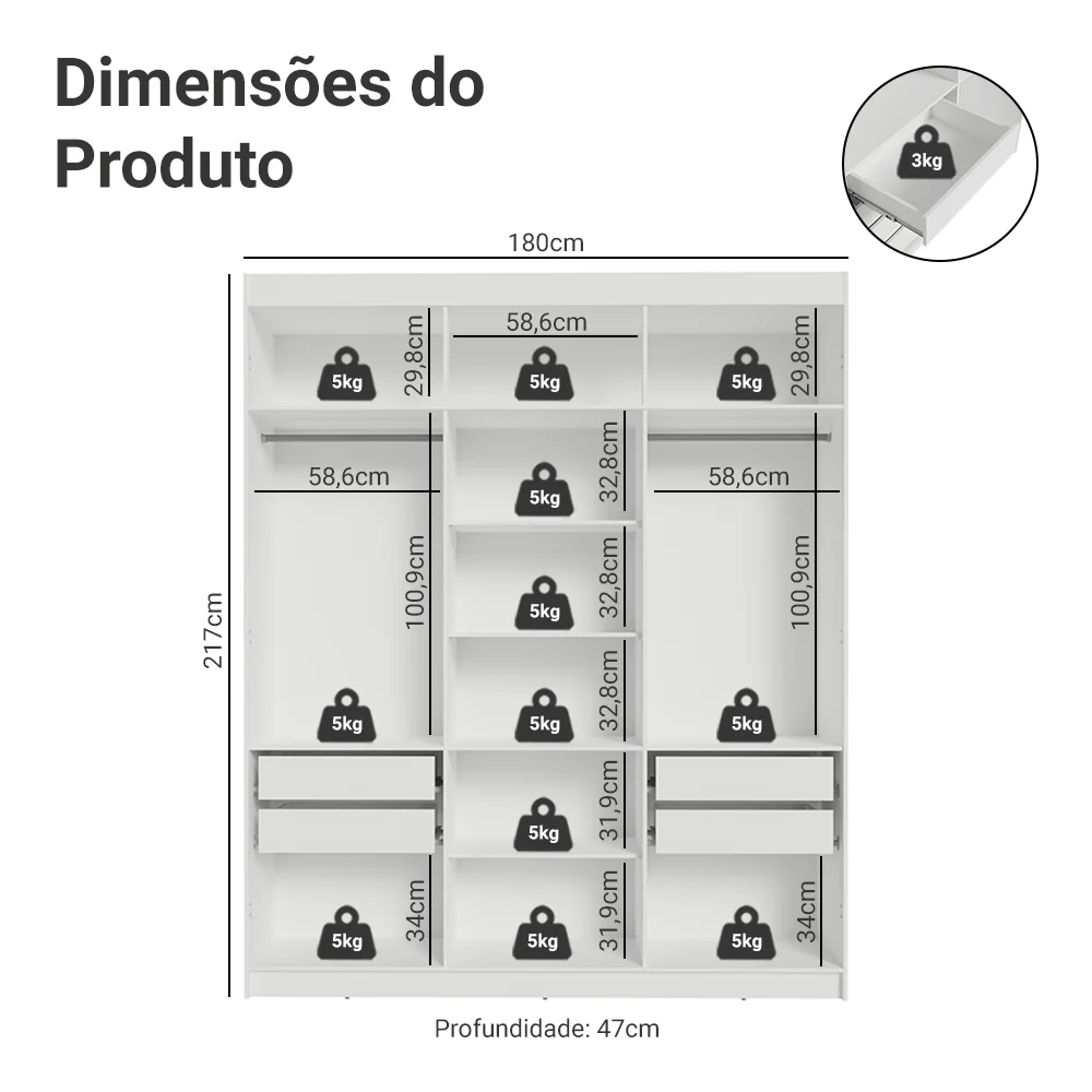 Guarda-Roupa Casal 6 Portas Batentes com Espelho Branco/Branco/Preto Venus Madesa - Image 3