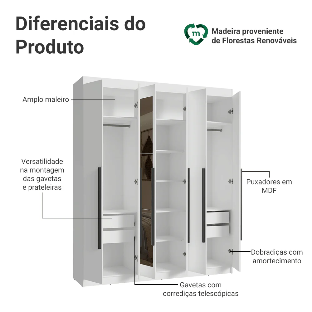 Guarda-Roupa Casal 6 Portas Batentes com Espelho Branco/Branco/Preto Venus Madesa - Image 4