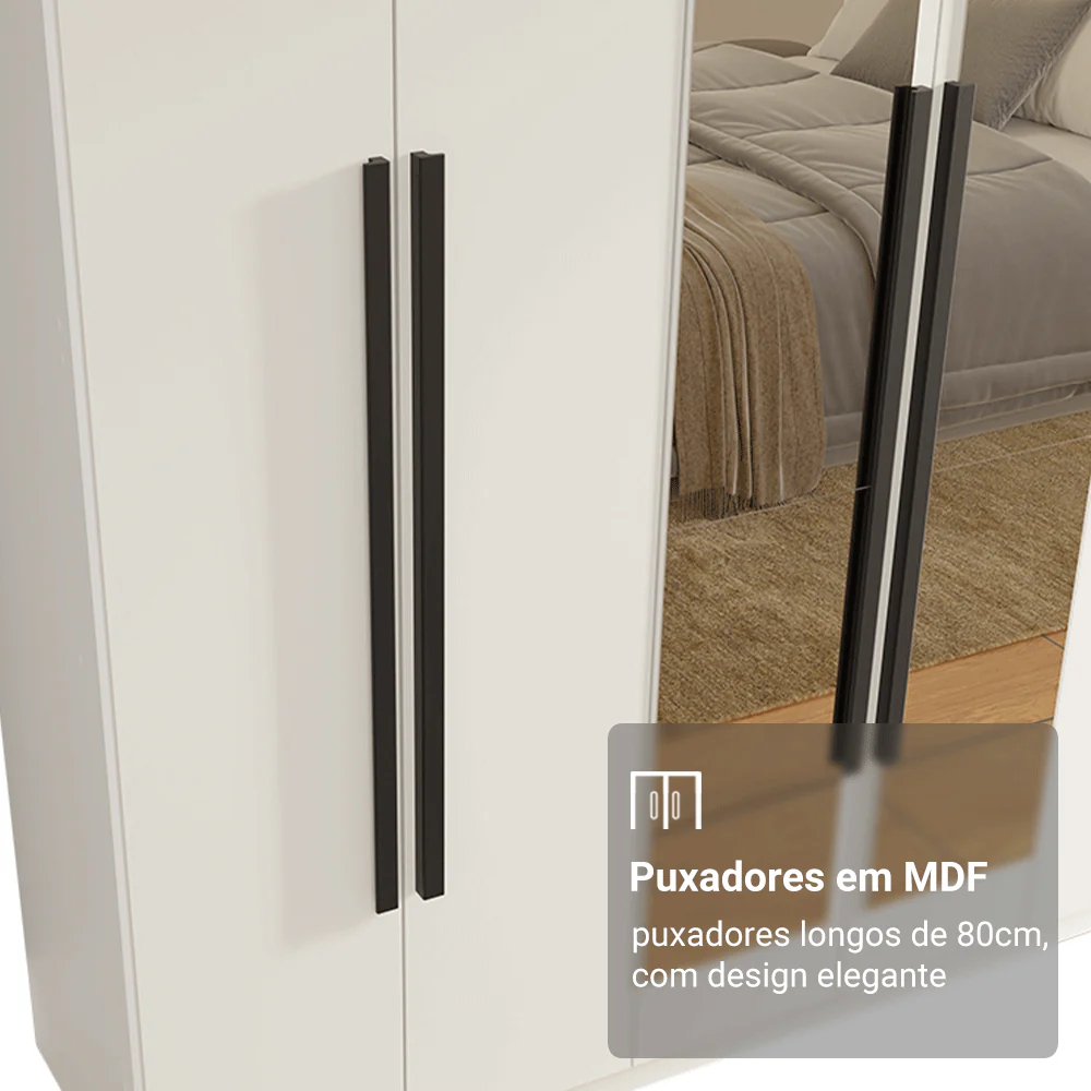 Guarda-Roupa Casal 6 Portas Batentes com Espelho Branco/Branco/Preto Venus Madesa - Image 6