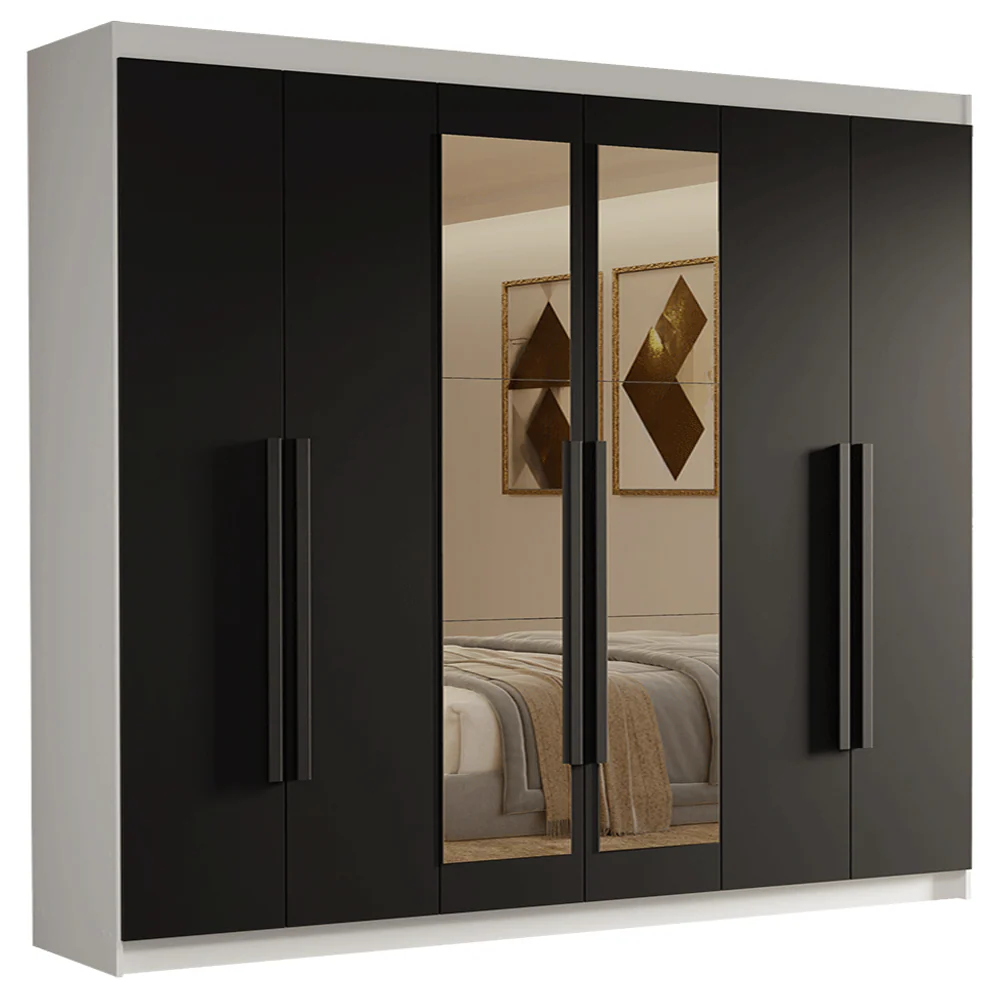 Guarda-Roupa Casal 6 Portas Batentes com Espelho Branco/Preto/Preto Venus Madesa - Image 2
