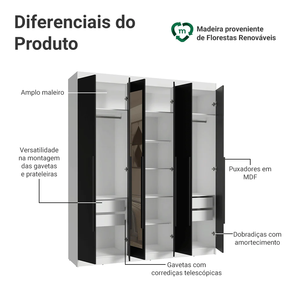 Guarda-Roupa Casal 6 Portas Batentes com Espelho Branco/Preto/Preto Venus Madesa - Image 4