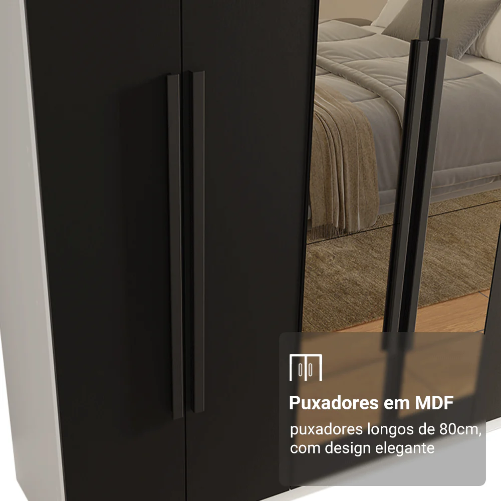 Guarda-Roupa Casal 6 Portas Batentes com Espelho Branco/Preto/Preto Venus Madesa - Image 6