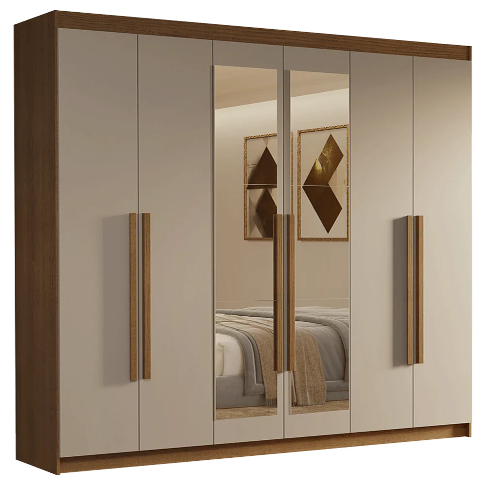 Guarda-Roupa Casal 6 Portas Batentes com Espelho Rustic/Crema/Rustic Venus Madesa - Image 2